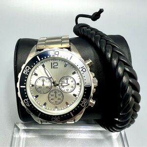 Mens Folio Quartz Watch & Braided Leather Bolo Bracelet Set